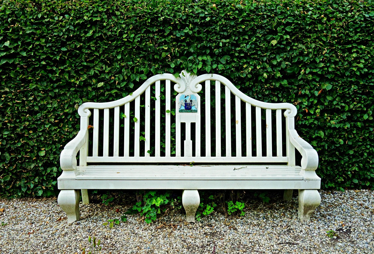 Weiß gestrichene Gartenbank aus Holz vor einer Hecke