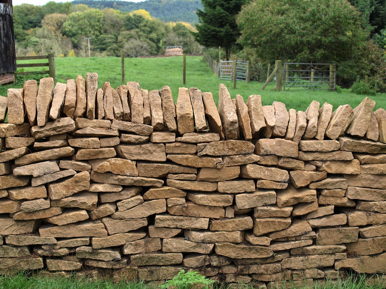 Trockenmauer aus aufgeschichteten Natursteinen am Rand einer Wiese